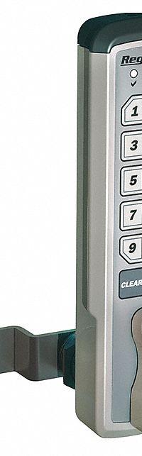COMPX REGULATOR Electronic Keyless Lock: Brushed Nickel, Cam Latch, 1 1/2 in Body Ht, 12 Buttons (MPN REG-M-V-3). Key specifications — Finish: Brushed Nickel; Latch Type: Cam Latch; Brand: COMPX REGULATOR; Manufacturer Part Number: REG-M-V-3.