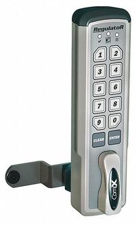 COMPX REGULATOR Electronic Keyless Lock: Brushed Nickel, Cam Latch, 1 1/2 in Body Ht, 12 Buttons (MPN REG-M-V-3). Key specifications — Finish: Brushed Nickel; Latch Type: Cam Latch; Brand: COMPX REGULATOR; Manufacturer Part Number: REG-M-V-3.