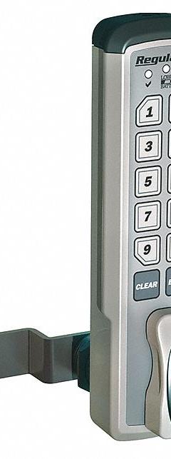 COMPX REGULATOR Electronic Keyless Lock: Brushed Nickel, Cam Latch, 1 1/2 in Body Ht, 12 Buttons (MPN REG-M-V-3). Key specifications — Finish: Brushed Nickel; Latch Type: Cam Latch; Brand: COMPX REGULATOR; Manufacturer Part Number: REG-M-V-3.