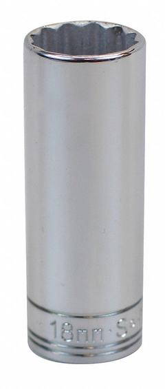 SK PROFESSIONAL TOOLS Socket: Metric, 3/8 in Drive Size, 18 mm Socket Size, 12-Point, Deep, Chrome (MPN 8438). Key specifications — attr1204417: SK PROFESSIONAL TOOLS; attr1204392: Chrome.