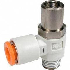 SMC Flow Control Valve: Elbow Fitting, Screwdriver Slot, 1/4 in/1/8 in Valve Body Size, 10 mm Tube (MPN AS2211F-01-10SD). Key specifications — attr947203: Brass/PBT; attr947205: SMC.