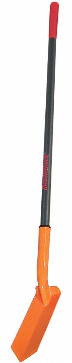 RAZOR-BACK Trenching Shovel: Steel Blade, 14 ga, Straight Handle Type, Fiberglass Handle (MPN 47034). Key specifications — Blade Color: Orange; Handle Color: Gray; Blade Material: Steel.