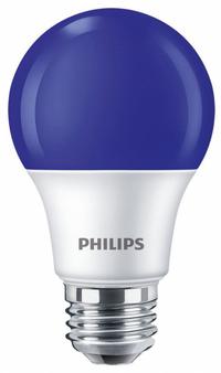 PHILIPS Compact LED Bulb: Medium Screw (E26), LED, (A) Classic, A19, 8 W Watt, 3000K, Frosted (MPN 8A19/LED/BLUE/P/ND 120V 4/1FB). Key specifications — attr233510: A19; attr233525: 120V AC; attr233549: Frosted; attr518949: 3000K; attr239859: PHILIPS; attr935304: Colored.