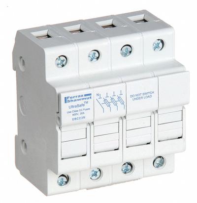 MERSEN Fuse Block: Finger-Safe, 3 Pole, 600 V AC, DIN Rail Mounting - UL Class CC Fuse Blocks