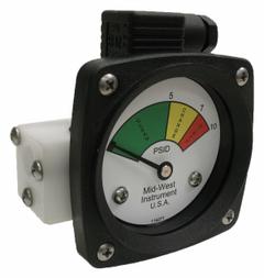 MIDWEST INSTRUMENT 3-Color Differential Pressure Indicator: 1,000 psig Max. Static Pressure, 522 (MPN 522P-010-LA). Key specifications — Brand: MIDWEST INSTRUMENT; Accuracy: ±5% of Full Scale; Sensor Material: Buna-N; Housing Material: Acetal Plastic; Transition Points: 0 psid to 5 psid (Green) / 5 psid to 7 psid (Yellow) / 7 psid to 10 psid (Red).
