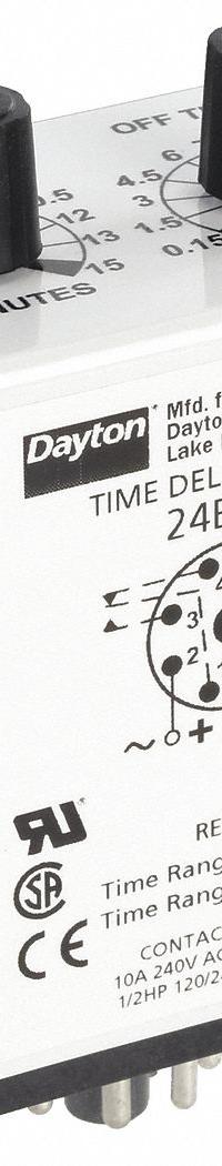 DAYTON Single Function Time Delay Relay: Socket Mounted, 240V AC, 10 A, 8 Pins/Terminals (MPN 24EP43). Key specifications — Brand: DAYTON.