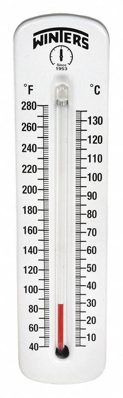 WINTERS Industrial Glass Thermometer: 40°F to 280°F /5°C to 135°C, +/-1% Accuracy, 2.525 in Stem Lg (MPN TSW173LF.). Key specifications — Thermometer Thread Type: NPT; Accuracy: +/-1%; Brand: WINTERS.
