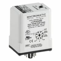 MACROMATIC Liquid Level Relay: Socket Mounted, Dual Probe, 10 A Current Rating, 120V AC, Pump Down (MPN LCP2G250-G). Key specifications — Contact Rating (AC): 10 A @ 240V AC; Contact Rating (DC): 7 A @ 28V DC; Electrical Connection: 8-Pin Terminal; Mounting Style: Socket; Number of Probes: Dual Probe; Relay Function: Pump Down; Brand: MACROMATIC.