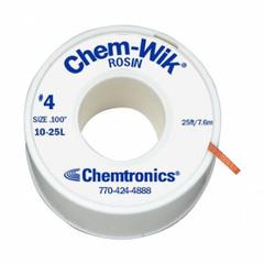 CHEMTRONICS Desoldering Wick: Rosin Flux, # 4, 0.1 in, 25 ft, Blue, Std (MPN 10-25L). Key specifications — Color: Blue; Brand: CHEMTRONICS; Manufacturer Part Number: 10-25L.