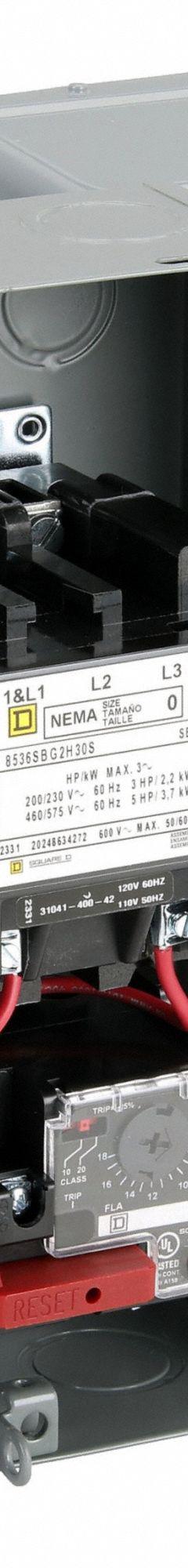 SQUARE D NEMA Magnetic Motor Starter: Non-Reversing, 3 Poles, NEMA Size 0, 18 A, 120V AC Coil (MPN 8536SBG2V02H30S). Key specifications — attr211388: SQUARE D; attr951453: 110/120V AC; attr951489: Three; attr951482: None; attr951498: Screw Clamp Terminals; attr951468: No; attr984070: None; attr984425: No Auxiliary Contacts Included.