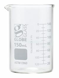 GLOBE SCIENTIFIC Beaker: 150 mL, 5.07 fl oz, A, Low Form, Type I, White, Borosilicate Glass (MPN 8010150). Key specifications — attr1371034: Type I; attr1371051: GLOBE SCIENTIFIC; attr1371062: White.