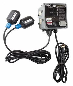 LIBERTY PUMPS Pump Control Panel: Duplex, Single Phase, 230V AC, 12A, Dual Tether Float, Plastic, 1 (MPN PDC-230). Key specifications — Current: 12A; Rated Voltage: 230V AC; Alert Output: Visual; Intrinsic Safety: Not Specified Intrinsically Safe; Includes Reversing: Non-Reversing; Dosing Schedule: Demand Dose; Brand: LIBERTY PUMPS.