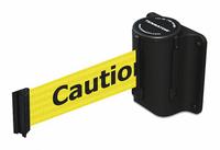 TENSABARRIER Retractable Belt Barrier: Fixed Mounting Plate, 7 1/2 ft Belt Lg, Caution Messaging (MPN 891-33-STD-YA-C). Key specifications — Message Color: Black; Frame Color: Black; Brand: TENSABARRIER; Belt Color: Yellow.