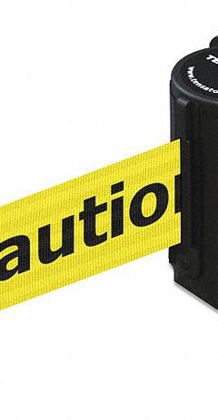 TENSABARRIER Retractable Belt Barrier: Fixed Mounting Plate, 7 1/2 ft Belt Lg, Caution Messaging (MPN 891-33-STD-YA-C). Key specifications — Message Color: Black; Frame Color: Black; Brand: TENSABARRIER; Belt Color: Yellow.