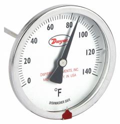 DWYER Clip On Dial Thermometer: 0°F to 140°F, +/- 2% Accuracy, 8 in Stem Lg, Fahrenheit (MPN CBT280111). Key specifications — Accuracy: +/- 2%; Brand: DWYER; Temperature Units: Fahrenheit.