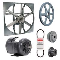 Exhaust Fan with Drive Package: Belt Drive, 24 in Blade, 1/3 hp, 5,608 cfm, 230/460V AC, 3 ph (MPN 7AR56). Key specifications — Frame Finish: Zinc Plated; Assembled: Unassembled; Brand: DAYTON; Nameplate Voltage: 230/460V AC; Frame Material: Steel; Guard Type: None; Method of Construction: Cast; Motor Type: 3-Phase.