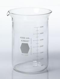 KIMBLE Beaker: 4,000 mL, 135.68 fl oz, A, Low Form, Type I, Colorless, Borosilicate Glass (MPN 14000-4000). Key specifications — attr1371034: Type I; attr1371051: KIMBLE; attr1371062: Colorless.