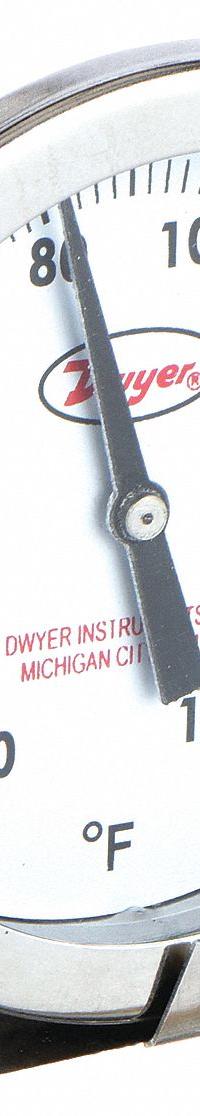 DWYER Clip On Dial Thermometer: 0°F to 180°F, +/- 2% Accuracy, 8 in Stem Lg, Fahrenheit (MPN CBT280101). Key specifications — Accuracy: +/- 2%; Brand: DWYER; Temperature Units: Fahrenheit.
