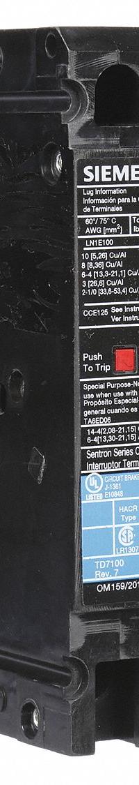 SIEMENS Molded Case Circuit Breaker: 50 A Amps, 10kA at 240V AC, Fixed, Load Side Lug, Any, ED2 (MPN ED22B050). Key specifications — Phase Connection: Any; Instantaneous Trip: Fixed; Terminal Connection: Load Side Lug; Series: ED2; Max. AIR Rating: 10kA at 240V AC.