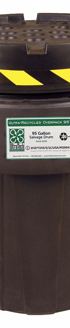 ULTRATECH Overpack Drum: LLDPE, 95 gal, Screw-On Lid, Unlined/No Interior Coating, Polyethylene (MPN 570). Key specifications — Drum Material: LLDPE; Drum Head Type: Open Head; UN Rating Solids: 1H2/Y345/S; UN Rating Liquids: 1H2/Y345/S/**/USA/M5904; Interior Lining: Unlined/No Interior Coating; Drum Message Text: Overpack/Salvage Drum; Closing Ring Material: Polyethylene; For Holding: Solids.