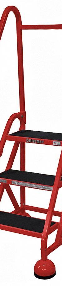 COTTERMAN Rolling Ladder: 2.3 ft Platform Ht, Partially Assembled, Steel, Wt-Actuated Auto-Lock (MPN ST-322 A2 C6 P5). Key specifications — Includes Handrails: Handrails Included; Material: Steel; Brand: COTTERMAN; Color: Red.