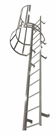 COTTERMAN Fixed Ladder with Safety Cage: 24 ft Overall Ht, 26 in Overall Wd, Steel, 25 Rungs (MPN M25SC L9 C1). Key specifications — Brand: COTTERMAN; Assembly: Assembled; Number of Sections: 4.