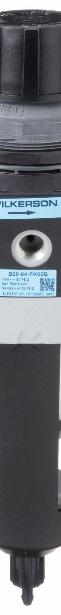 WILKERSON Filter-Regulator: B28 Series, 1/2 in NPT, 200 cfm, 5 micron, 0 psi to 125 psi, Aluminum (MPN B28-04-FK00B). Key specifications — attr109419: WILKERSON; attr109429: Aluminum; attr109463: No; attr109467: Nitrile; attr109468: B28.