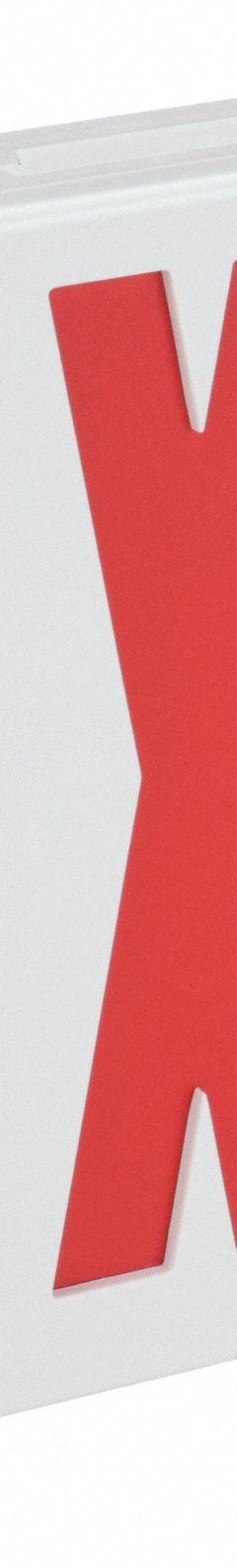 Exit Sign: LED, White, Red, 2 Faces, Ceiling/Wall, Not Battery Powered, Without Battery Backup (MPN CAR). Key specifications — Voltage: 120/277 V AC; Directional Indicators: Universal Field Selectable Chevrons; Text Color: Red; Brand: COMPASS; Emergency Battery Backup: No; Housing Color: White; Lighting Technology: LED; Remote Capable: No.