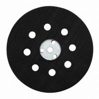 BOSCH Soft Sanding Pad: 5 in Wd, Round, Hook and Loop, Soft, 8 Vacuum Holes, Rubber (MPN RS031). Key specifications — attr667743: Disc Backup Pad; attr667724: Round; attr667738: 8; attr667733: Rubber; attr667729: 1295DVS; attr667721: RS031; attr667725: BOSCH.