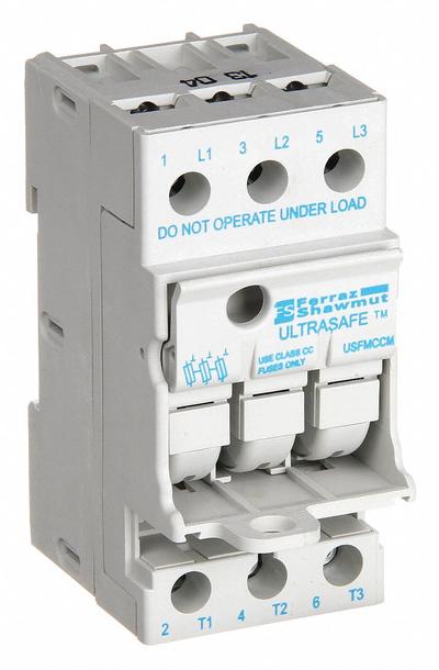 MERSEN Fuse Block: Finger-Safe, 3 Pole, 600 V AC, DIN Rail Mounting - UL Class CC Fuse Blocks