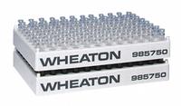 Tube Rack: 4 7/8 in Overall Wd, 7/8 in Overall Ht, 7 1/4 in Overall Lg, Polypropylene, White (MPN 985750). Key specifications — Material: Polypropylene; Color: White; Product Type: Vial Rack; Total Holding Capacity: (96) Positions; Brand: WHEATON.