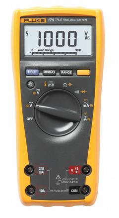 FLUKE Digital Multimeter: TRMS, CAT III 1000V/CAT IV 600V, 1,000 V Max AC Volt Measurement (MPN FLK-179/CWG). Key specifications — Instrument Counts: 6,000; Brand: FLUKE; Calibration Certificate Included: Included.