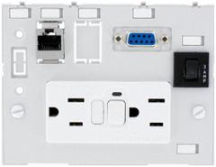 MURRELEKTRONIK Combination Insert: RJ45 Cat5E/SUB-D9, (2) NEMA 5-15 GFCI, (1) 3A Fuse (MPN 4000-68000-4130000). Key specifications — Brand: MURRELEKTRONIK; Socket Configuration: (2) NEMA 5-15 GFCI; Resets: (1) 3A Fuse; Data Port Configuration: (1) RJ45 CAT5e; Insert Design: Data & Power Insert with 3A Reset.