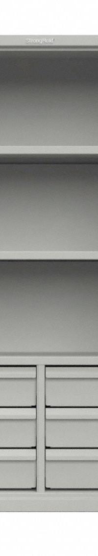 STRONG HOLD Storage Cabinet: 48 in x 24 in x 75 in, Swing Handle & Padlock Hasp, 14 ga Panel Thick (MPN 46-243-6/5DB-L). Key specifications — Cabinet Color: Gray; Method of Construction: Welded; Base Type: Legs; Assembled: Assembled; Mobility: Stationary; Adjustable Shelves: Adjustable; Cabinet Finish: Baked Enamel; Cabinet Material: Steel.