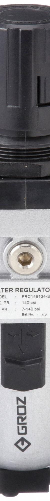 GROZ Filter-Regulator: Intermediate Duty Series, 1/4 in NPT, 63 cfm, 40 micron, 7 psi to 145 psi (MPN FRC149134-S). Key specifications — attr109419: GROZ; attr109429: Aluminum; attr109463: No; attr109467: Nitrile; attr109468: Intermediate Duty.