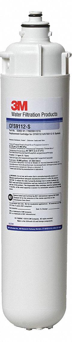 3M WATER FILTRATION PRODUCTS Quick-Connect Water Filter: 1 micron, 1.5 gpm, 10,000 gal (MPN 5631604). Key specifications — Filter Media: Polyphosphate; Reduces: Sediment; Brand: 3M WATER FILTRATION PRODUCTS.