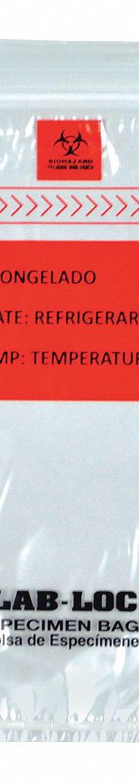 Specimen Transfer Bag: LDPE, Biohazard, 1.75 mil Thick, Clear, 9 in Overall Ht, LABZ69B, 1,000 PK. Key specifications — Brand: LK PACKAGING; Closure Type: Zipper; Product Type: Specimen Transfer Bag; Manufacturer Part Number: LABZ69B; Color: Clear; Display Sell UOM: PK; Legend: Biohazard.