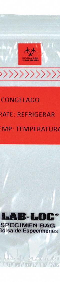 Specimen Transfer Bag: LDPE, Biohazard, 1.75 mil Thick, Clear, 9 in Overall Ht, LABZ69B, 1,000 PK. Key specifications — Brand: LK PACKAGING; Closure Type: Zipper; Product Type: Specimen Transfer Bag; Manufacturer Part Number: LABZ69B; Color: Clear; Display Sell UOM: PK; Legend: Biohazard.