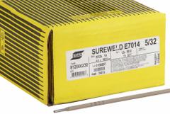 ESAB Stick Electrode: Carbon Steel, E7014, 5/32 in x 14 in, 50 lb, Sureweld 7014 (MPN 812000230). Key specifications — Brand: ESAB; Tensile Strength (As Welded): 71 ksi; Yield Strength (As Welded): 61 ksi.