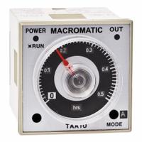 MACROMATIC Time Delay Relay: Socket Mounted, 100 to 240V DC/24 to 240V AC, 5 A, 8 Pins/Terminals (MPN TAA1U-G). Key specifications — Adjustment Method: Dial; Delay Function: Interval ON; Mounting Style: Plug-In; Input Voltage: 100 to 240V DC; Brand: MACROMATIC.