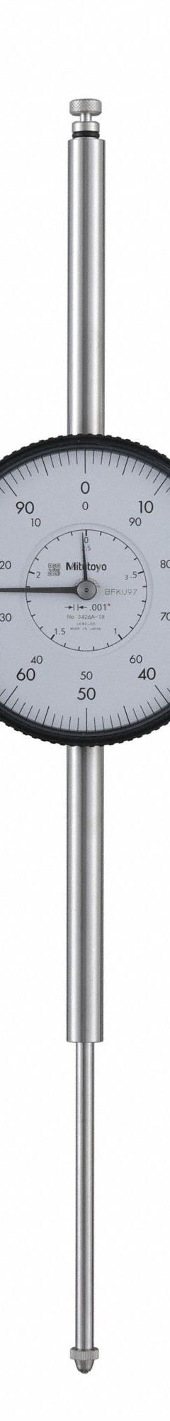MITUTOYO Dial Indicator: 0 in to 3 in, Inch, Lug Back, 0.001 in Accuracy, 78 mm Dial Size (MPN 3426A-19). Key specifications — attr1184168: 3426A-19; attr1184178: 0-100; attr1184223: MITUTOYO; attr1200883: Dial Indicator; attr1184177: 0.001 in; attr1184208: Certificate of Inspection; attr1184179: Lug Back.