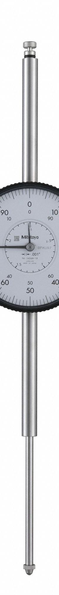 MITUTOYO Dial Indicator: 0 in to 3 in, Inch, Lug Back, 0.001 in Accuracy, 78 mm Dial Size (MPN 3426A-19). Key specifications — attr1184168: 3426A-19; attr1184178: 0-100; attr1184223: MITUTOYO; attr1200883: Dial Indicator; attr1184177: 0.001 in; attr1184208: Certificate of Inspection; attr1184179: Lug Back.