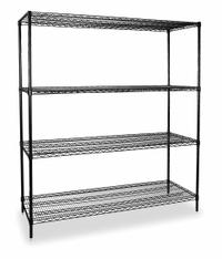 APPROVED VENDOR Wire Shelving Unit: Starter, 60 in x 18 in, 63 in Overall Ht, 4 Shelves, Dry/Wet (MPN 2KPL2). Key specifications — Recommended Environments: Wet; Color: Black; Finish: Powder Coated; Material: Steel; Brand: APPROVED VENDOR.