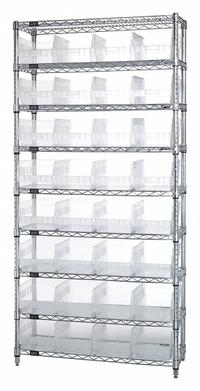 QUANTUM STORAGE SYSTEMS Bin Shelving: 12 in x 36 in x 74 in, 1 Sided, 32 Bins, Open, Shelf Bin (MPN WR9-207CL). Key specifications — Includes Bins: Yes; Bin Material: Polypropylene; Frame Color: Silver; Bin HxWxD: (32) 6 in x 8-3/8 in x 11-5/8 in; Frame Material: Steel; Bin Color: Clear; Bin Style: Shelf; Brand: QUANTUM STORAGE SYSTEMS.
