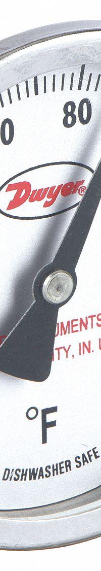 DWYER Clip On Dial Thermometer: 25°F to 125°F, +/- 2% Accuracy, 8 in Stem Lg, Fahrenheit (MPN CBT38031). Key specifications — Accuracy: +/- 2%; Brand: DWYER; Temperature Units: Fahrenheit.