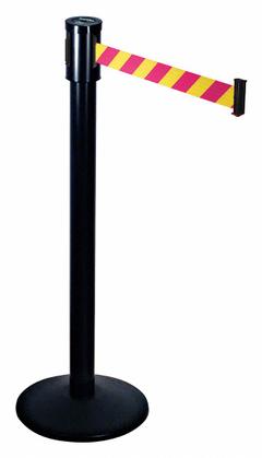 RETRACTA-BELT Barrier Post with Belt: Magenta/Yellow, Diagonal Stripe, No Legend, 15 ft Belt Lg (MPN 321BA-MYD). Key specifications — Base Material: Cast Iron; Belt Color: Magenta/Yellow; Brand: RETRACTA-BELT; Post Material: Aluminum; Post Color: Black; Message: No Legend.