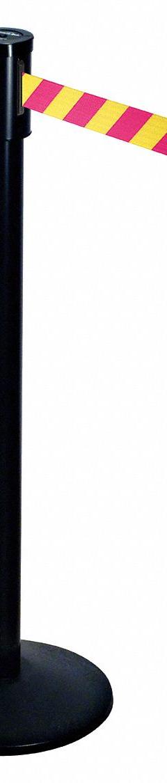 RETRACTA-BELT Barrier Post with Belt: Magenta/Yellow, Diagonal Stripe, No Legend, 15 ft Belt Lg (MPN 321BA-MYD). Key specifications — Base Material: Cast Iron; Belt Color: Magenta/Yellow; Brand: RETRACTA-BELT; Post Material: Aluminum; Post Color: Black; Message: No Legend.