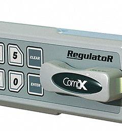 COMPX REGULATOR Electronic Keyless Lock: Brushed Nickel, Deadlatch, 1 1/2 in Body Ht, 12 Buttons (MPN REG-S-L-3). Key specifications — Finish: Brushed Nickel; Latch Type: Deadlatch; Brand: COMPX REGULATOR; Manufacturer Part Number: REG-S-L-3.
