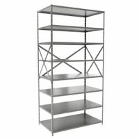HALLOWELL Metal Shelving: Standalone, Heavy-Duty, 48 in x 24 in, 84 in Overall Ht, 8 Shelves (MPN F7713-24HG). Key specifications — attr41760: Steel; attr41761: Steel; attr37625: Unassembled; attr37628: Gray; attr33609: HALLOWELL.