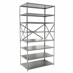HALLOWELL Metal Shelving: Standalone, Heavy-Duty, 48 in x 24 in, 84 in Overall Ht, 8 Shelves (MPN F7713-24HG). Key specifications — attr41760: Steel; attr41761: Steel; attr37625: Unassembled; attr37628: Gray; attr33609: HALLOWELL.